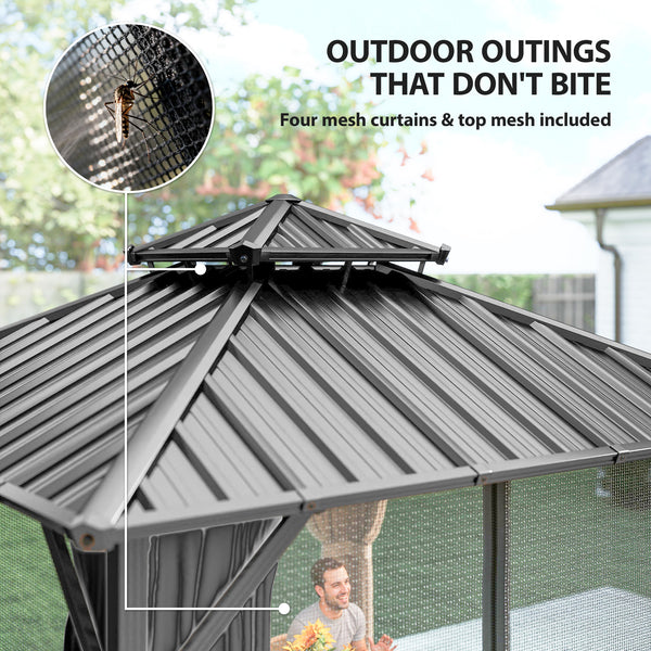 Gazebo toit rigide 10' x 10' avec double toit en acier galvanisé, structure en aluminium, gris foncé