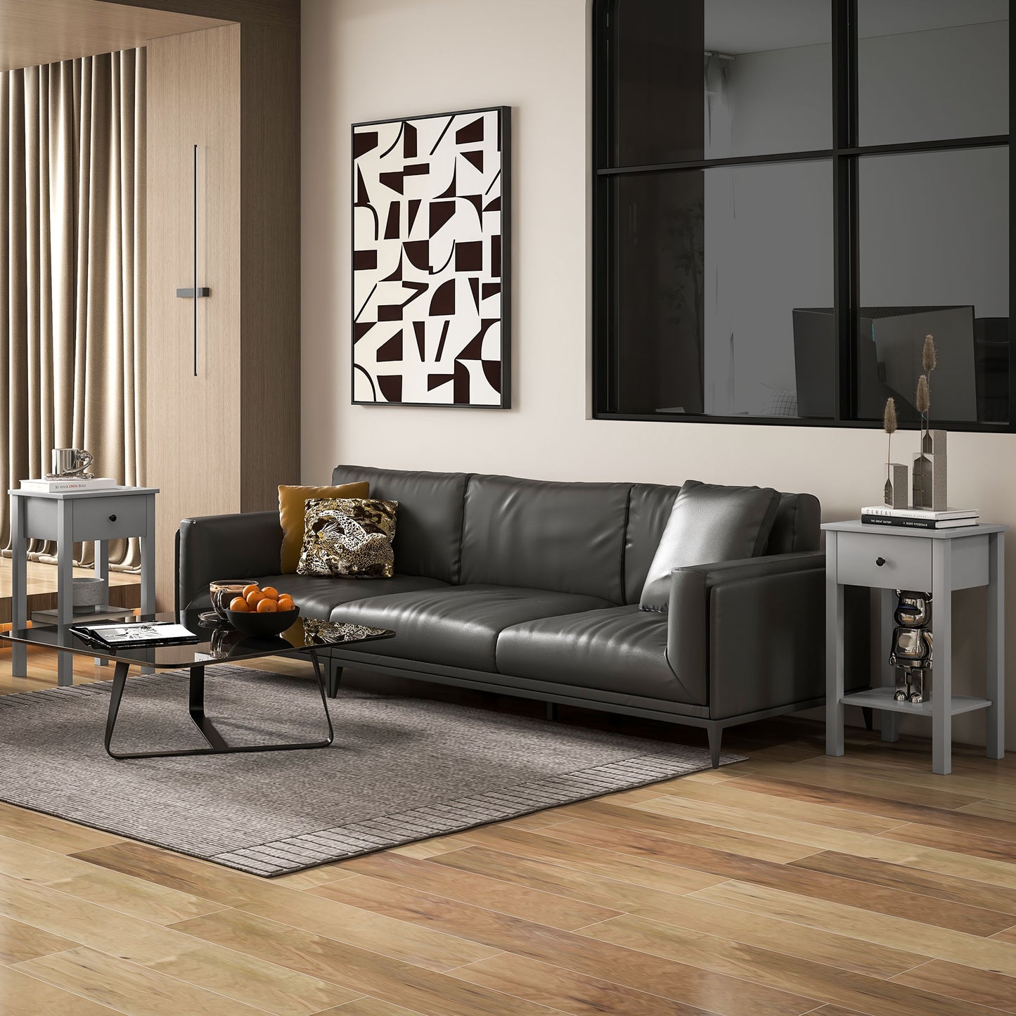 Lot de 2 tables d'appoint avec tiroir et étagère inférieure, table de chevet à 2 niveaux, salon, gris