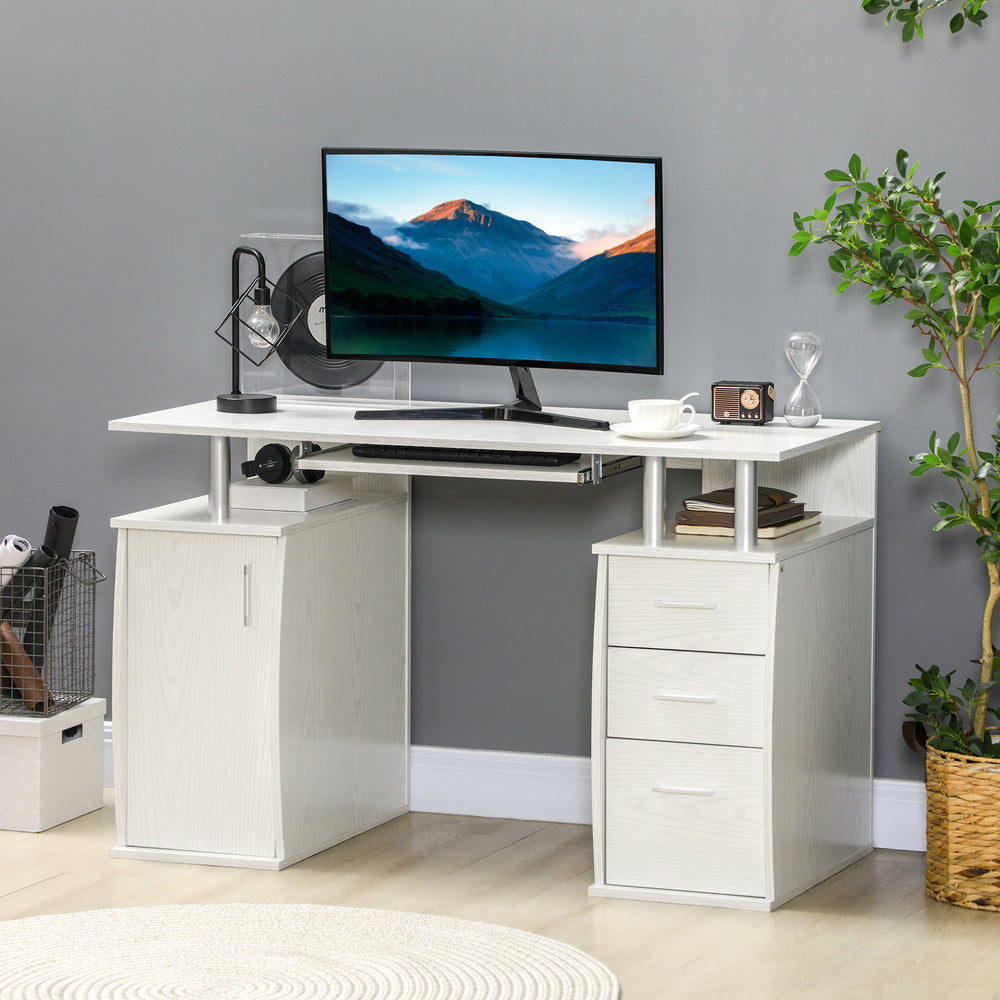 Bureau d'ordinateur avec plateau pour clavier et tiroirs de rangement, blanc