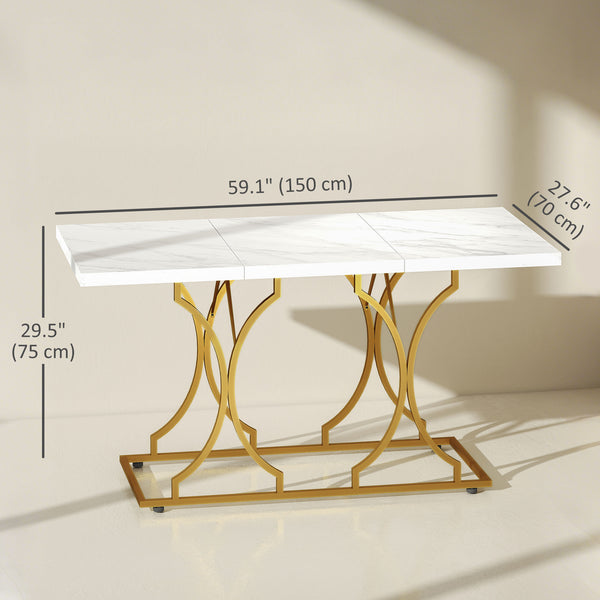 Table à manger pour 6 personnes, table de cuisine moderne à motif marbre avec piédestal en métal, blanche