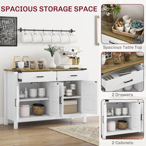 Farmhouse style sideboard with 2 drawers, 2 storage compartments and adjustable shelves, white