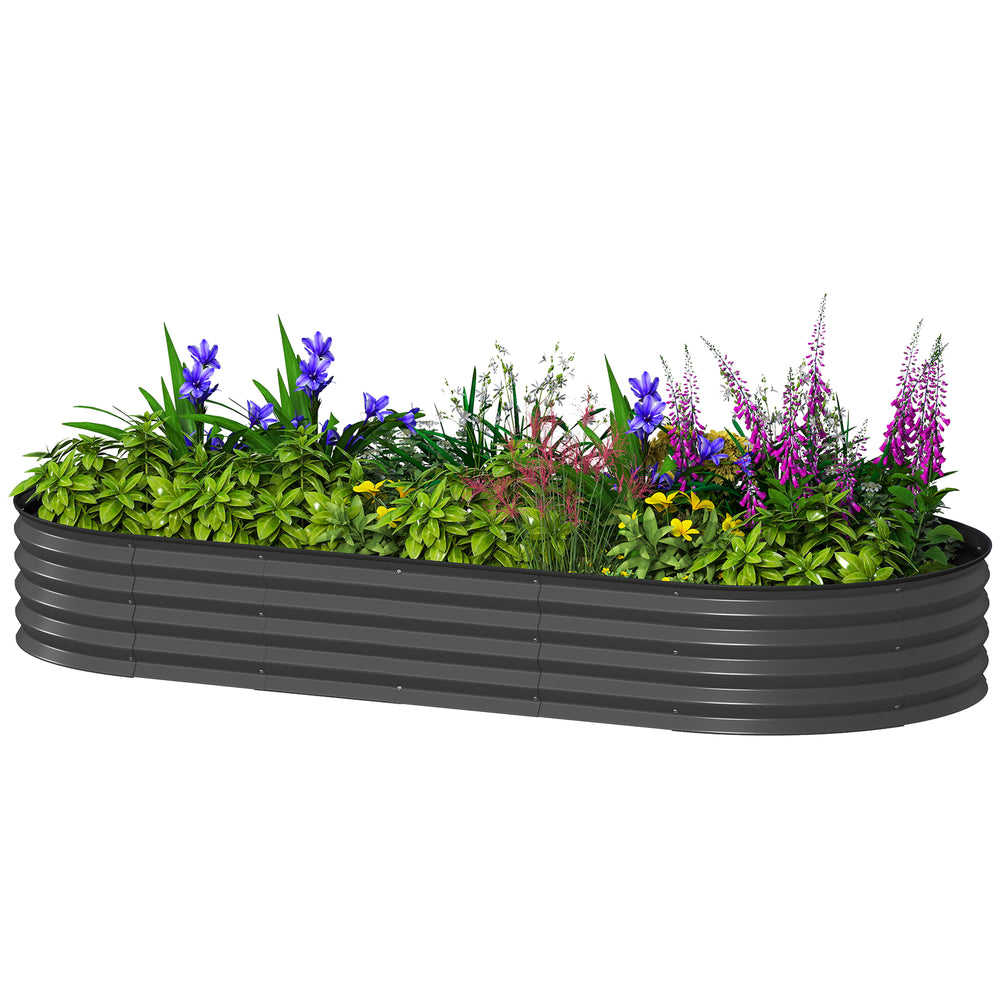 Raised outdoor planter in galvanized steel with metal support, dark grey