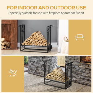 Support à bois de chauffage avec 4 outils pour foyer et base surélevée – Noir