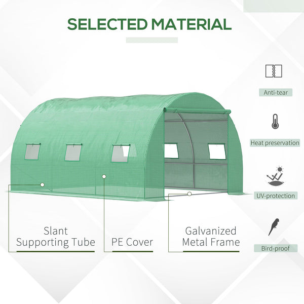 Green tunnel greenhouse with zip-up door and 6 mesh windows