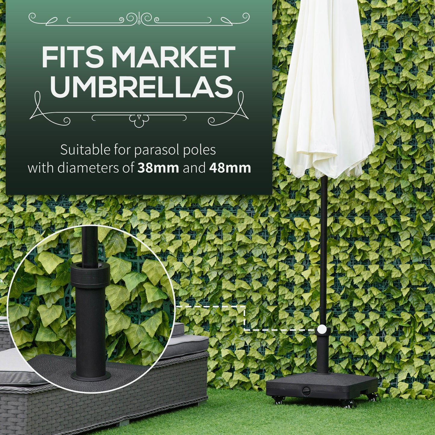 Base de parasol carrée portable avec poids avec roulettes, rempli d'eau ou de sable, pour poteaux de 0,75'' et 1,5'', noir