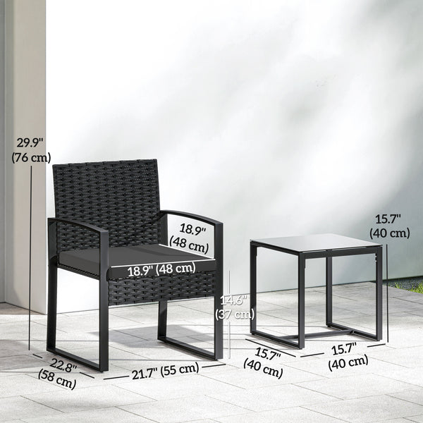 Outdoor Bistro Set, 3 Piece Wicker Patio Furniture Set with Glass Top Table and Cushions for Porch, Balcony, Black