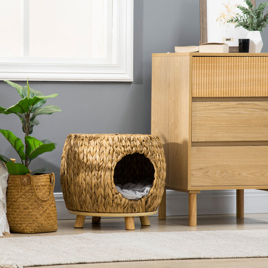 PawHut Wicker Cat Bed with Washable Cushion, Raised Rattan Cat Bed for Indoor Cats, Light Brown