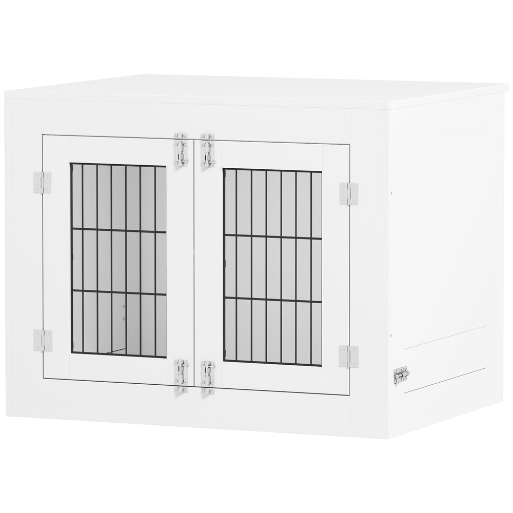 Dog crate furniture with removable bowls and two doors, white