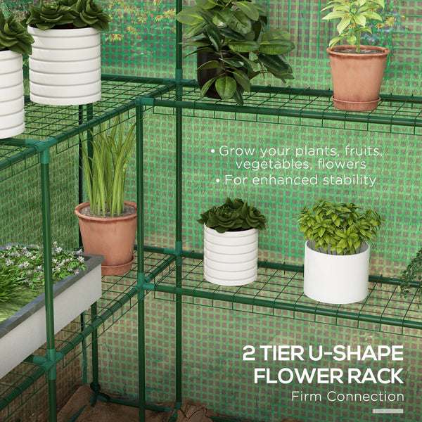 Small outdoor greenhouse with 2-tier U-shaped flower shelves