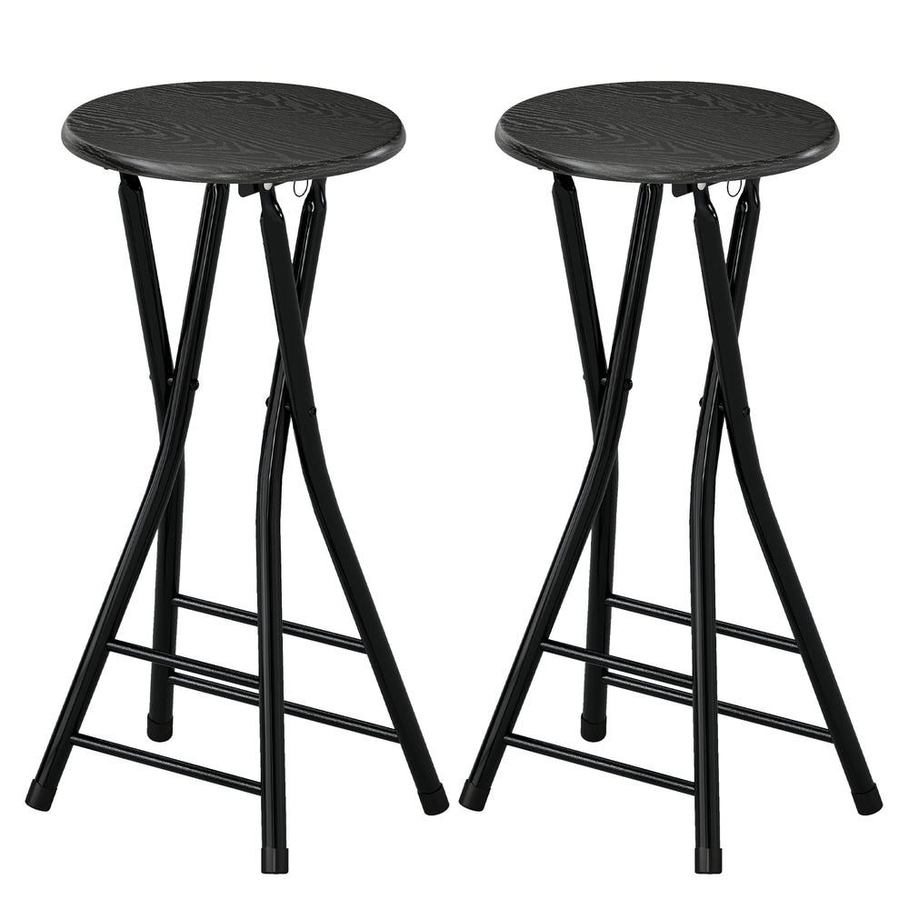 Set of 2 counter height folding bar stools with footrests and steel legs, black