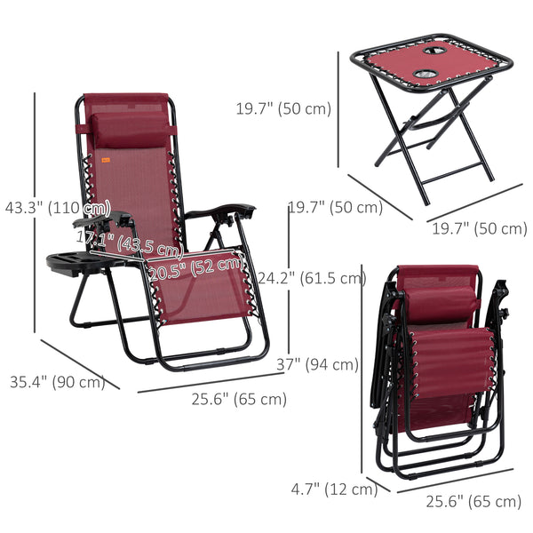 Ensemble de 2 chaises de patio vec table d'appoint, porte-gobelets et coussin, rouge