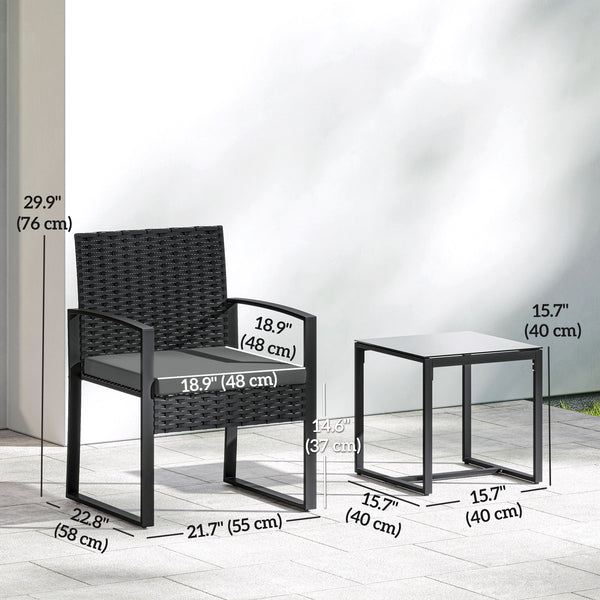 Outdoor Bistro Set, 3 Piece Wicker Patio Furniture Set with Glass Top Table and Cushions for Porch, Balcony, Dark Grey