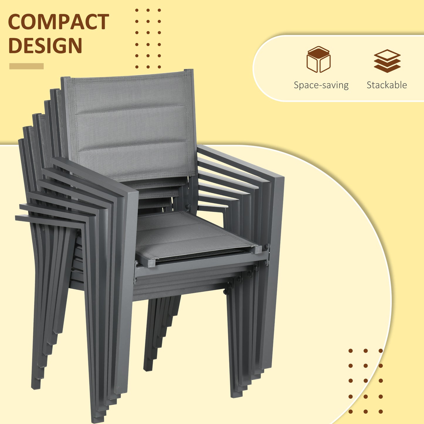 Ensemble de salle à manger de jardin 7 pièces pour 6 personnes, table d'extérieur extensible en aluminium, chaises empilables à dossier haut, gris foncé
