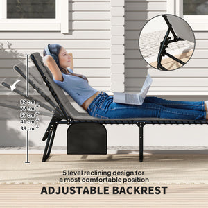 Lot de 2 chaises longues pliantes, inclinables avec coussin à séchage rapide, appuie-tête et poche latérale, gris clair