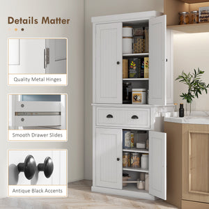 Kitchen Pantry, Freestanding Storage with Drawer, Doors, White