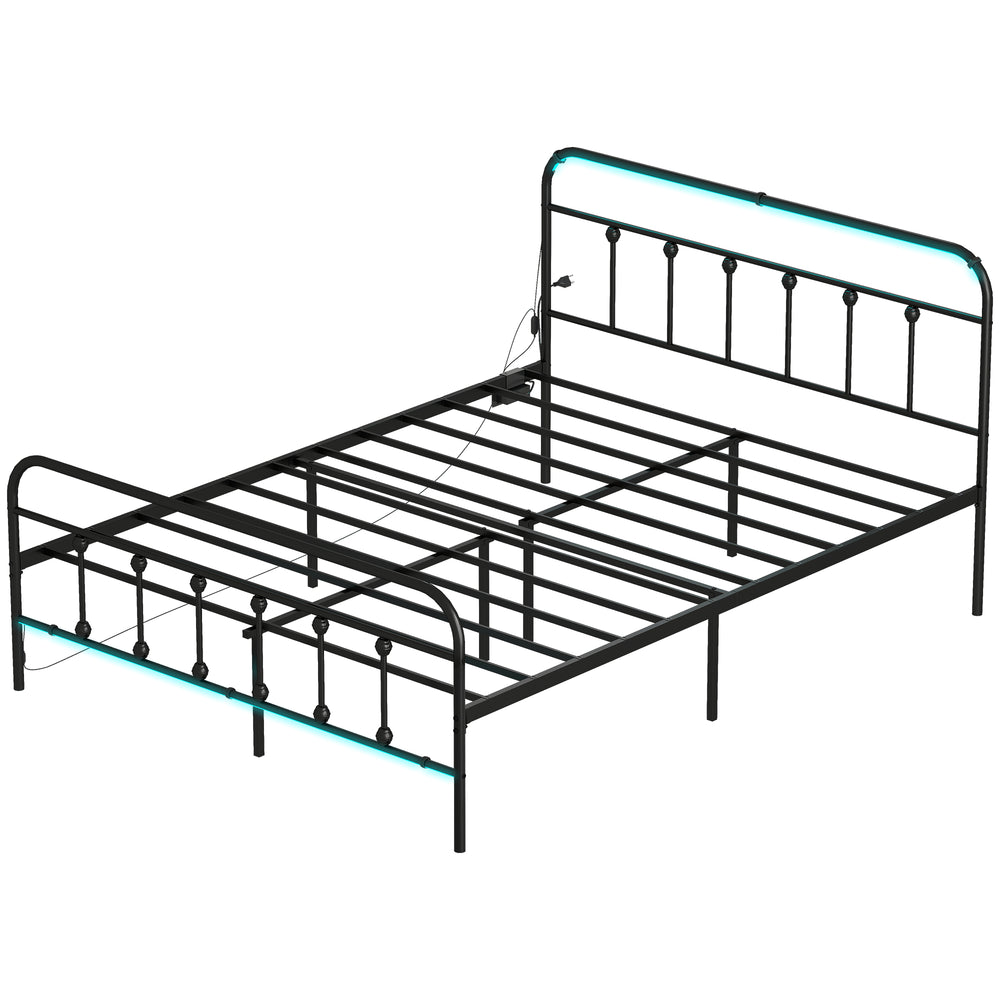 Cadre de lit Queen Size avec éclairage LED et station de charge, noir