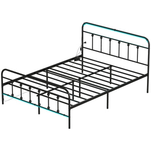 Cadre de lit Queen Size avec éclairage LED et station de charge, noir