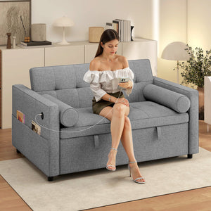 Futon two-seater trundle sofa bed in linen with USB ports, grey