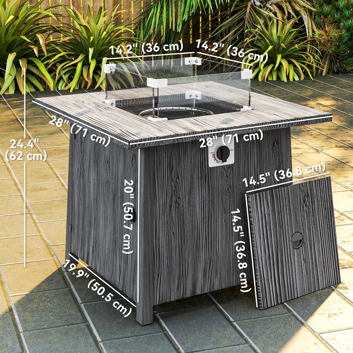 Outsunny 28" Square 40,000 BTU Propane Fire Pit Table with Waterproof Cover and Adjustable Footrests