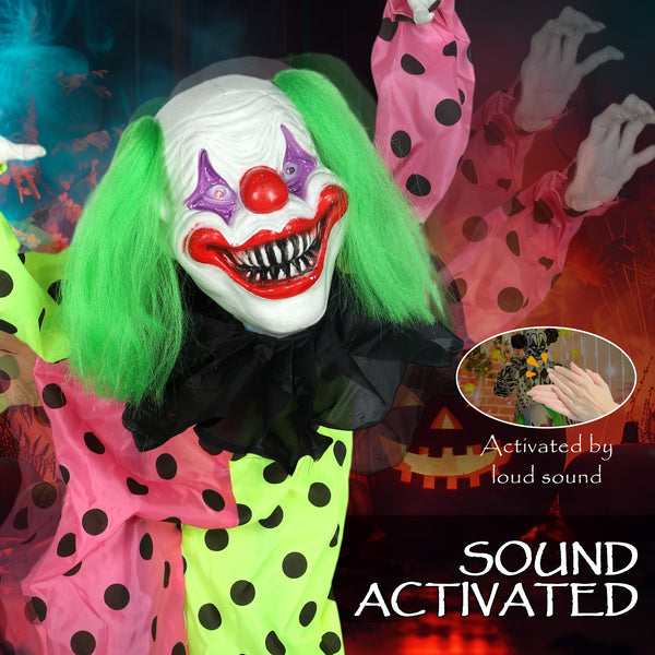 Life Size Stackable Halloween Animated Clown with Red Light Up Eyes, Sound Activated Scary Clown Halloween Decorations