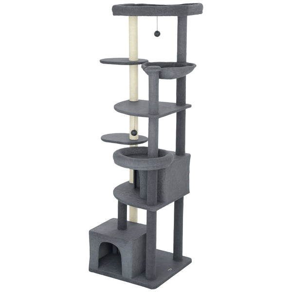 Tall cat tree with scratching posts, perches, caves, hammock and pom-poms, for 2 to 3 indoor cats, dark grey