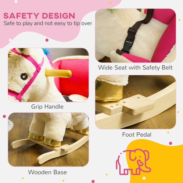 Unicorn Rocking Horse with Sound, Seat Belt, Wooden Base, for 18-36 Months