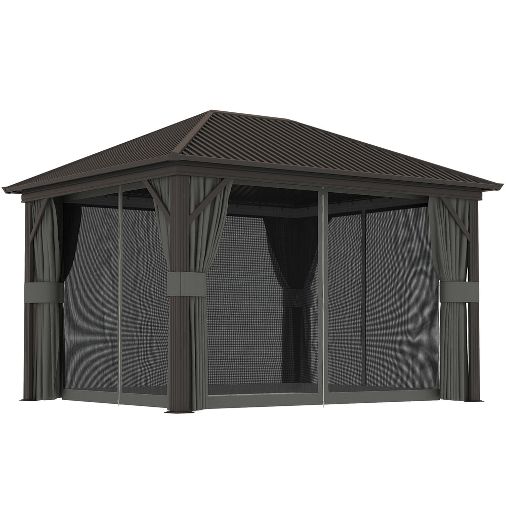 10' x 12' Outdoor Hardtop Gazebo Metal Roof Patio Gazebo with Aluminum Frame, Mesh Nettings, Dark Grey