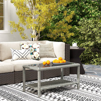 Table basse d'extérieur 35" en osier avec plateau en verre et étagère de rangement, gris foncé