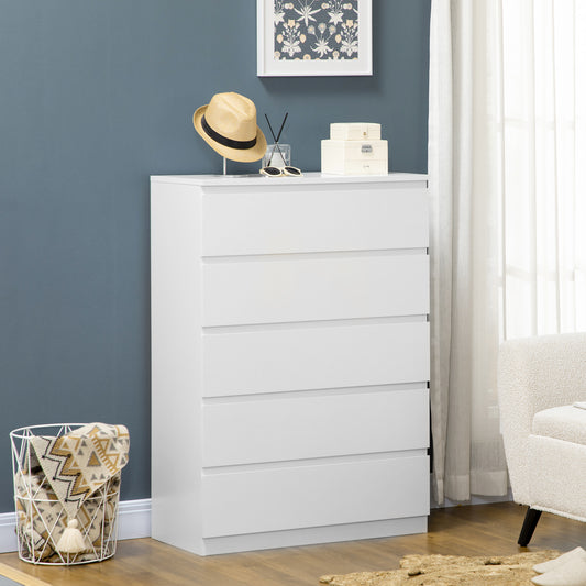 Commode 5 tiroirs pour chambre à coucher avec glissières en alliage de zinc, blanc