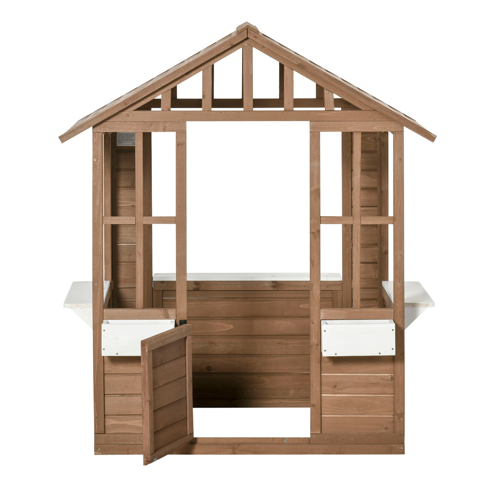 Maisonnette de jeux en bois avec cache-pot, porte et fenêtres fonctionnelles, marron