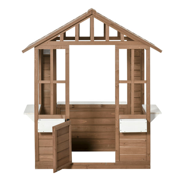 Maisonnette de jeux en bois avec cache-pot, porte et fenêtres fonctionnelles, marron