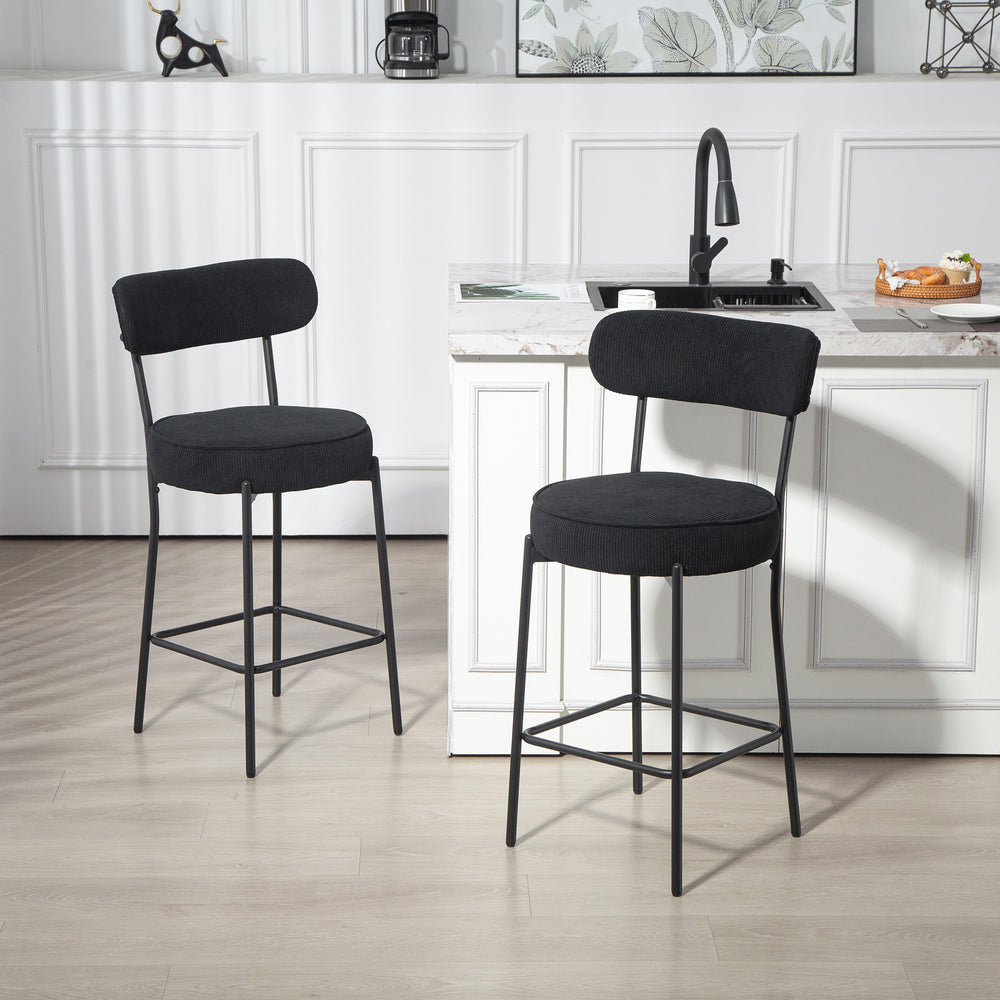 Set of 2 padded bar stools in corduroy, black