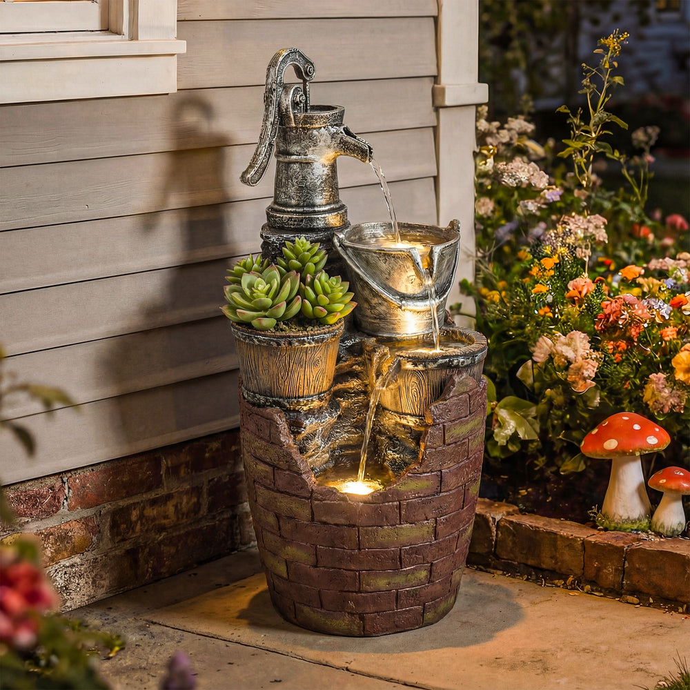 Fontaine d'extérieur à 4 niveaux avec jardinière, cascade et éclairage LED, coloris brun rustique et gris.