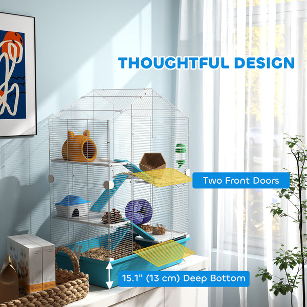 Cage pour hamster à 5 niveaux avec plateformes, rampes et accessoires – Blanc et bleu pâle