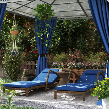 Lot de 2 chaises longues d'extérieur en osier avec dossier réglable sur 5 niveaux, roulettes, coussin et accoudoirs, bleu