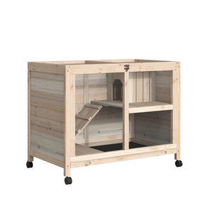 Indoor Rabbit Hutch with Wheels, Bunny Cage Guinea Pig House W/ Top Access, Ramp, Pull Out Tray, Natural Wood