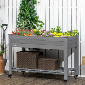 Jardinière surélevée mobile en bois avec roulettes verrouillables et étagère de rangement, gris foncé