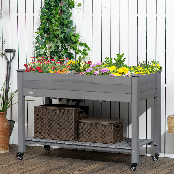 Jardinière surélevée mobile en bois avec roulettes verrouillables et étagère de rangement, gris foncé