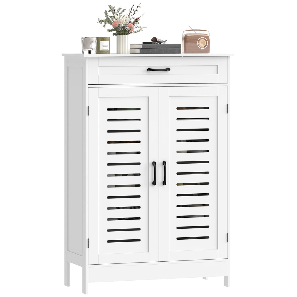 Meuble à chaussures avec portes persiennes, tiroir et étagères réglables, blanc