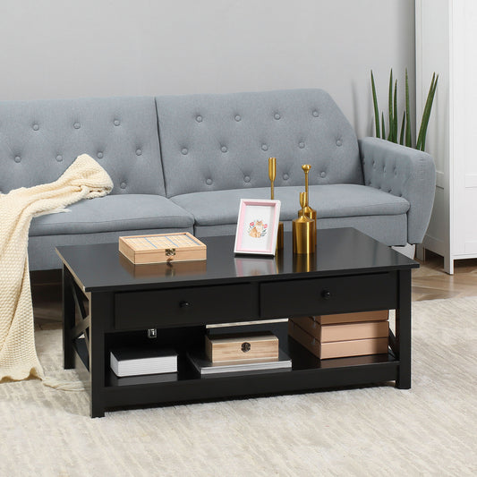 HOMCOM Coffee Table with Storage, Farmhouse Style Living Room Table with Drawers and Open Shelf, Center Table with X-Frames, Black