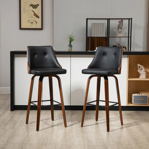 Set of 2 bar stools upholstered in faux leather with solid wood legs