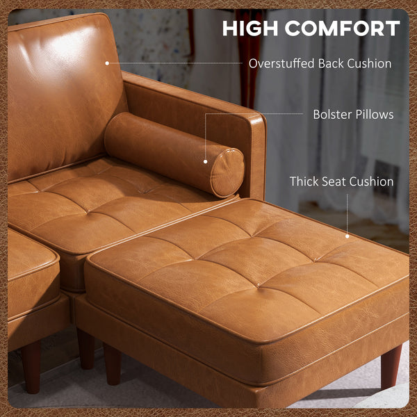 Canapé d'angle sectionnel en similicuir avec repose-pieds et 2 coussins traversins, marron