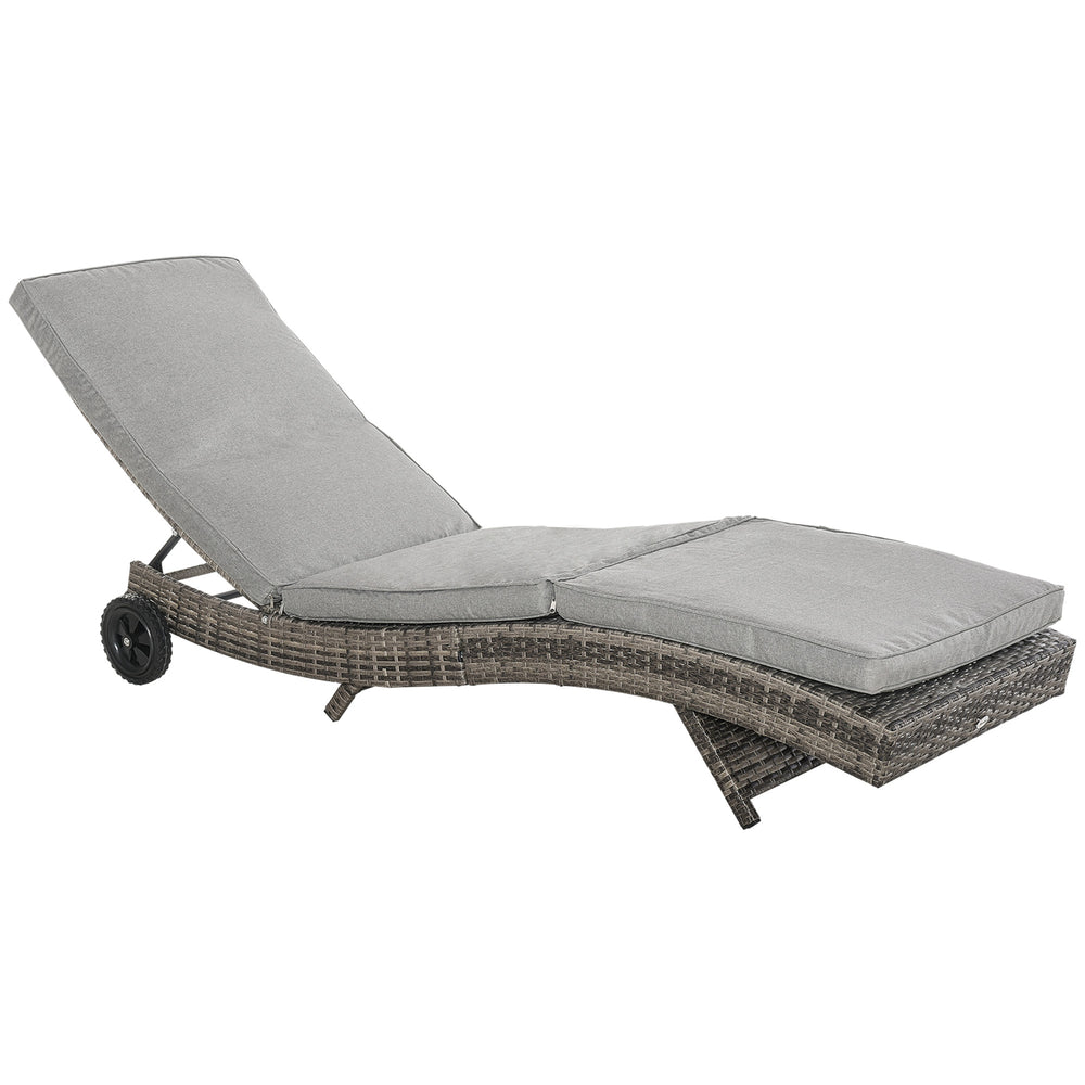 Outdoor Adjustable Wicker Chaise Lounge Chair with Cushion & Wheels for Patio, Deck, Poolside, Grey