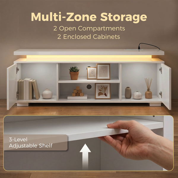 Meuble pour téléviseurs jusqu'à 60 pouces avec éclairage LED et prises électriques, blanc brillant