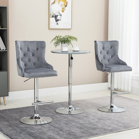 Set of 2 Modern Adjustable Bar Stools, Velvet, Counter Height, Tufted Back, Footrest, Grey
