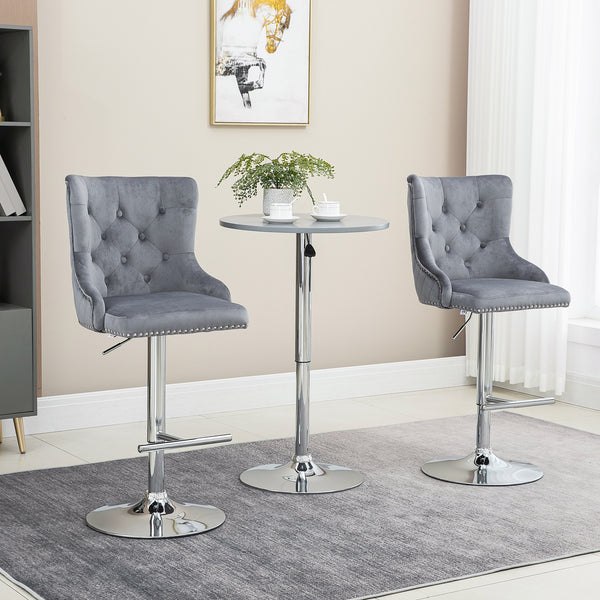 Lot de 2 tabourets de bar réglables modernes, en velours, hauteur comptoir, dossier capitonné, repose-pieds, gris
