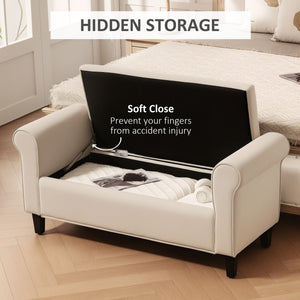 50 Inches Storage Ottoman, Upholstered Bedroom Bench with Rolled Arms and Button Tufted Storage, Beige