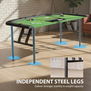 Folding poker table for 8 players, ideal for blackjack, Texas Hold'em and casino leisure, with 7 cup holders, green.