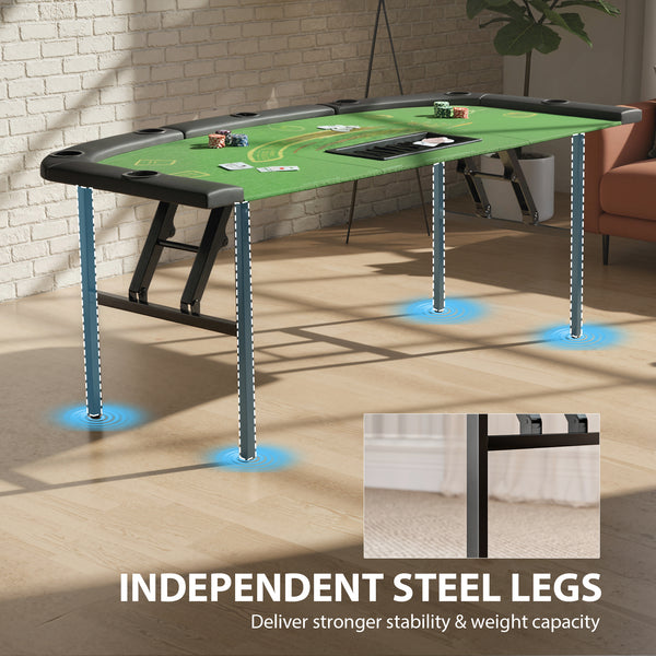 Folding poker table for 8 players, ideal for blackjack, Texas Hold'em and casino leisure, with 7 cup holders, green.
