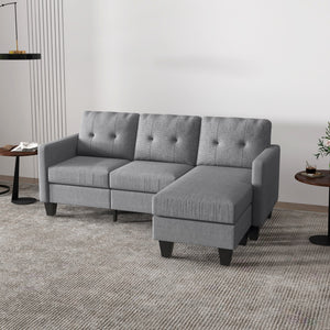 Canapé d'angle 3 places avec pouf, coussin épais et pieds en bois, gris clair